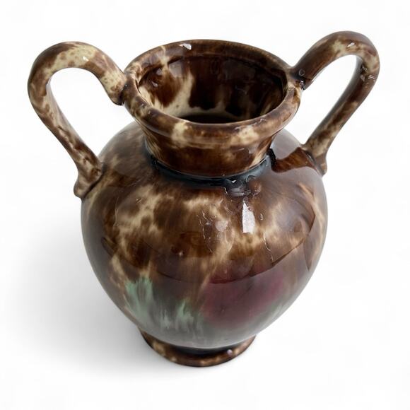 Brown Drip Glaze Ceramic Vase Art Pottery Double Handle Glossy 5 Inch Tall Vtg - Picture 2 of 15